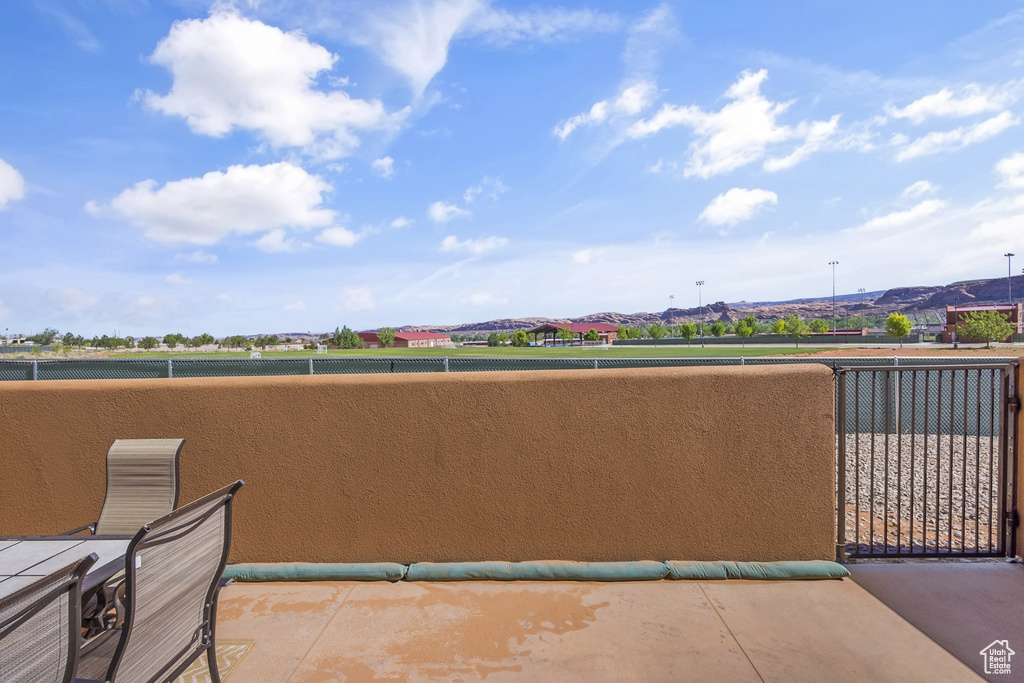 Patio / terrace featuring a mountain view