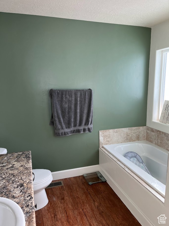 Bathroom featuring a garden tub, wood finished floors, a textured ceiling, and vanity