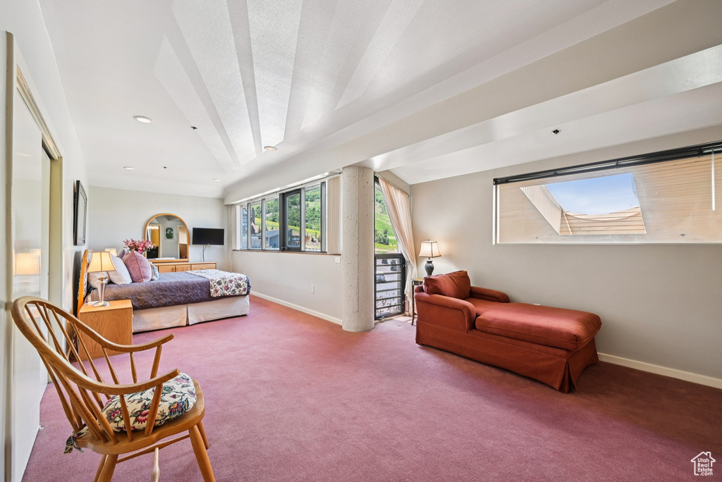 Bedroom with carpet flooring, access to outside, and recessed lighting