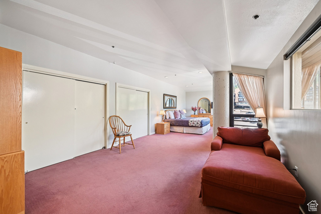 Living area with carpet flooring