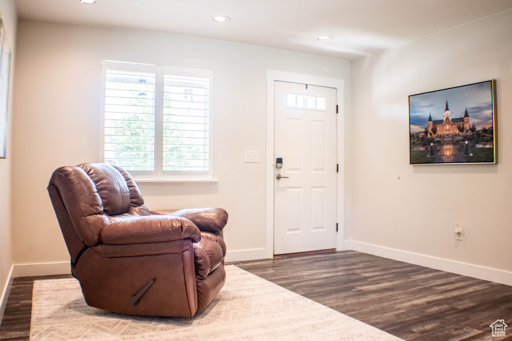Foyer entrance featuring dark wood-type flooring, plenty of natural light, and recessed lighting
