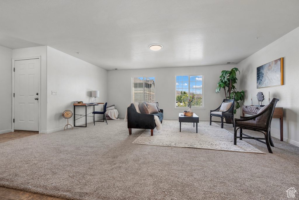 Carpeted living area with baseboards