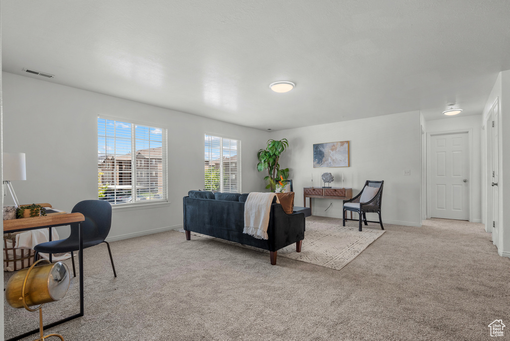 Carpeted living area with baseboards