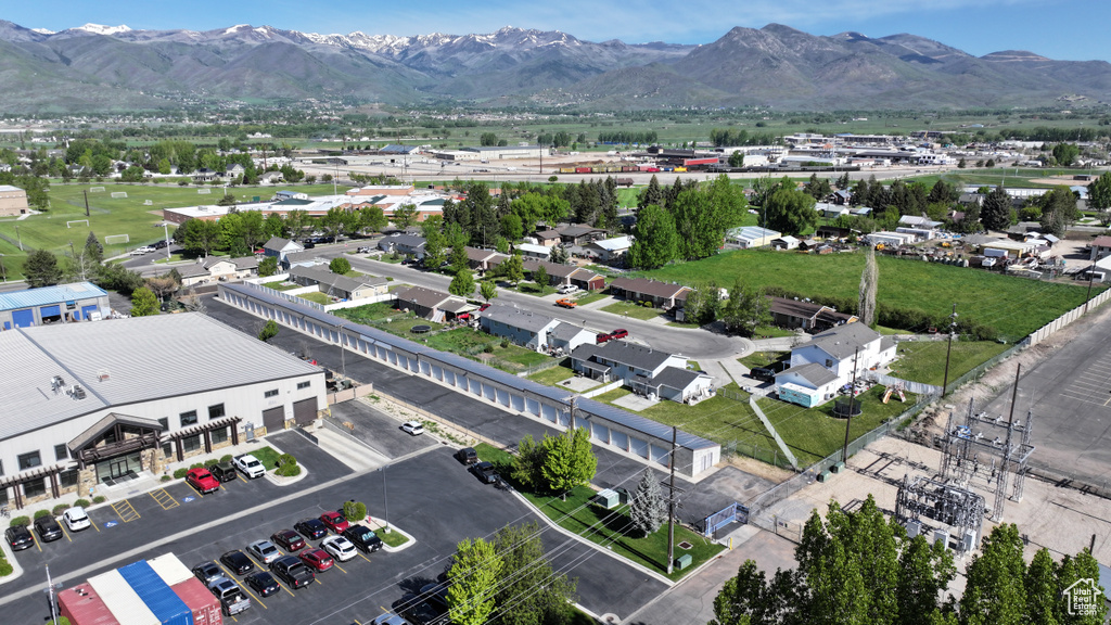 Drone / aerial view of a mountainous background