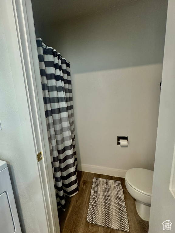 Bathroom featuring wood finished floors and a shower with shower curtain