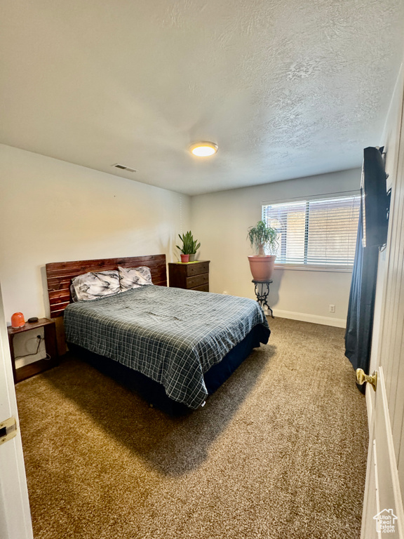 Carpeted bedroom with a textured ceiling and baseboards