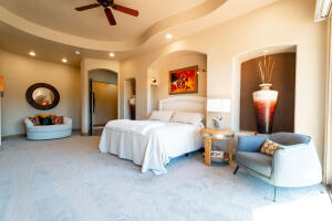 Carpeted bedroom featuring recessed lighting and a tray ceiling