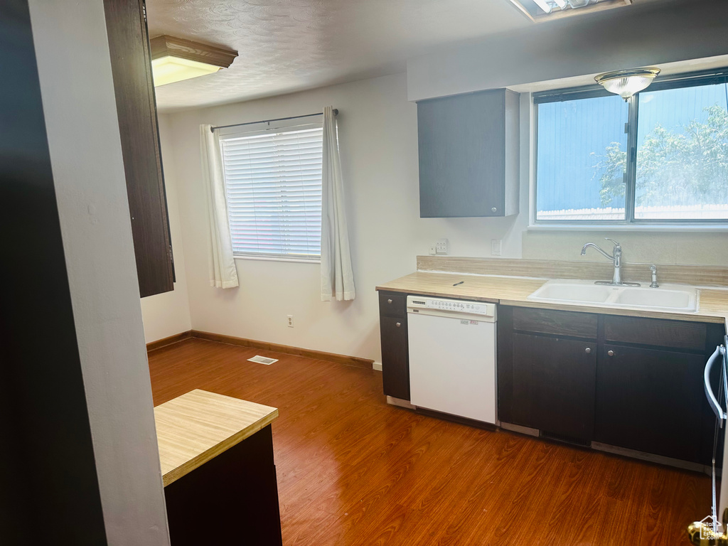 Kitchen with white dishwasher, light countertops, plenty of natural light, and a textured ceiling