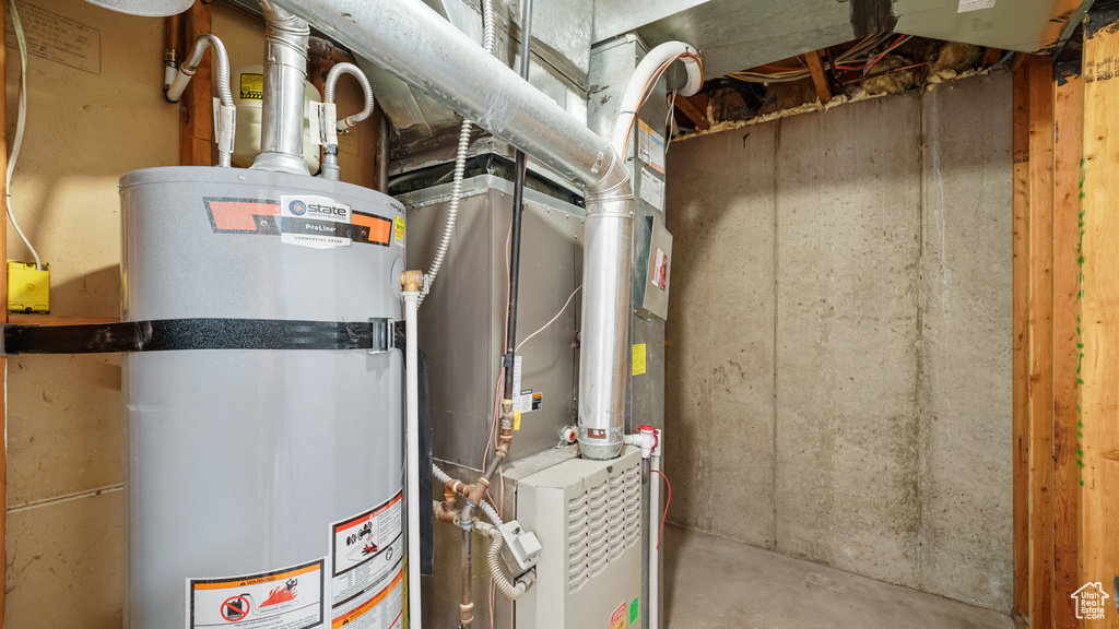 Utility room with secured water heater and heating unit