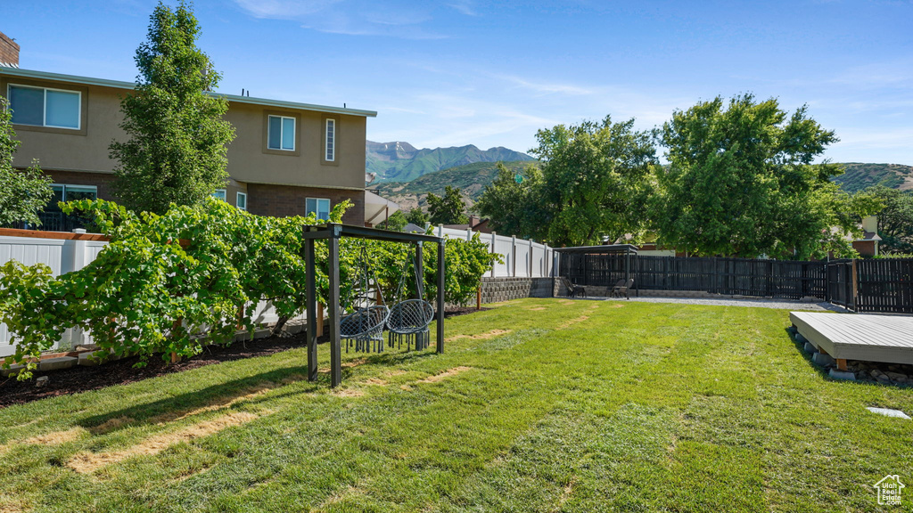 Fenced backyard with a mountain view