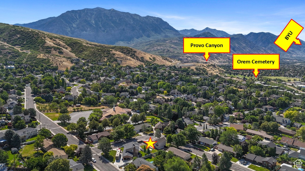 Aerial overview of property's location featuring a mountain backdrop