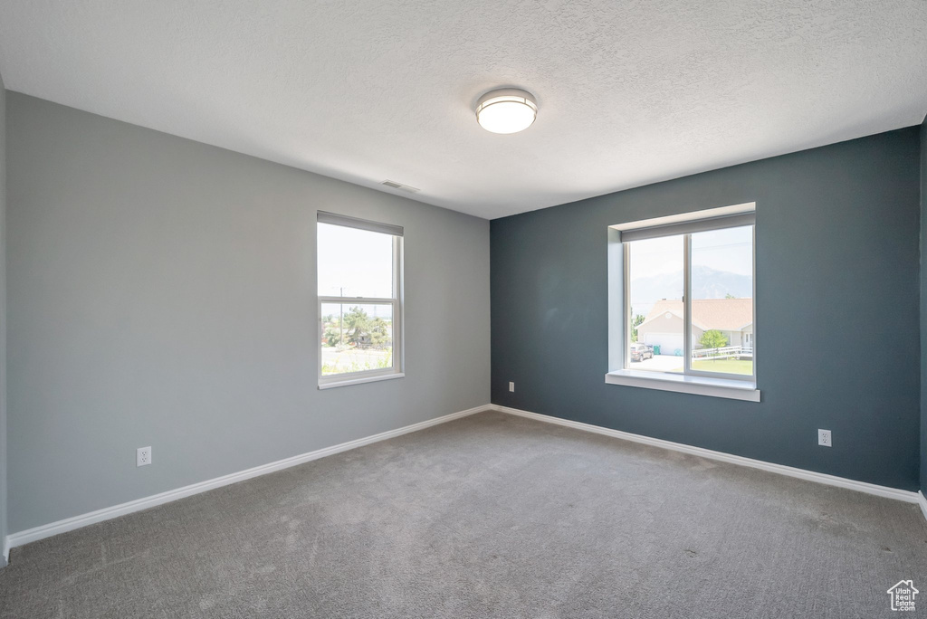 Carpeted spare room featuring baseboards and a textured ceiling