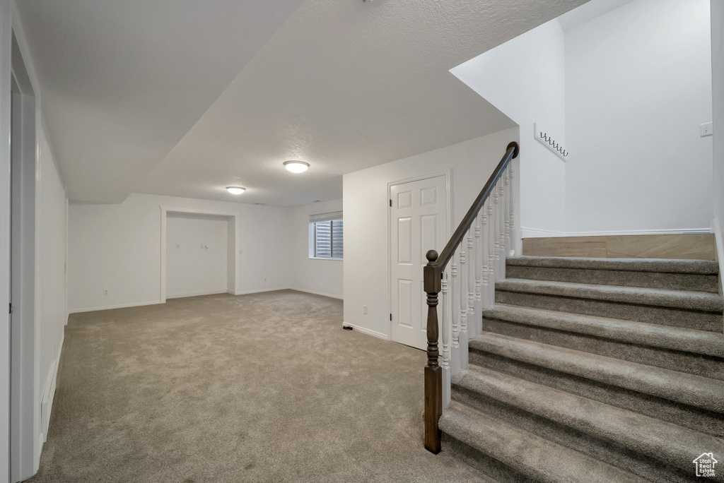 Basement featuring carpet flooring and stairway