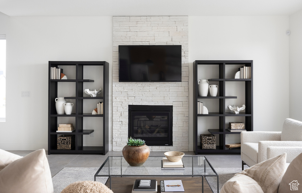 Living area featuring a fireplace and baseboards