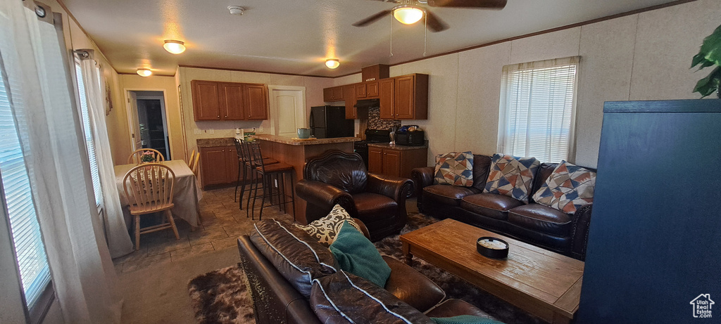 Living area featuring ceiling fan