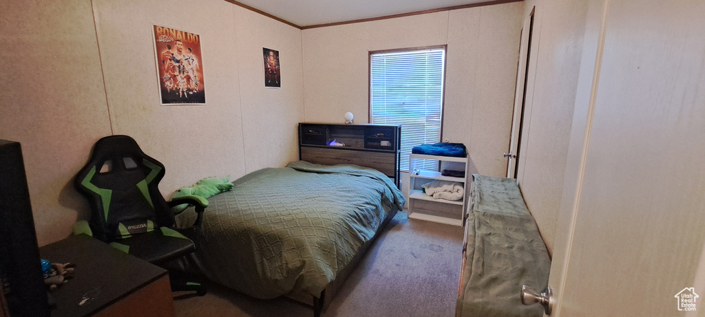 Carpeted bedroom featuring crown molding