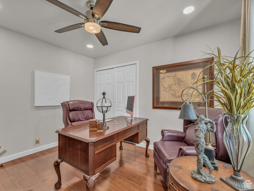 Office area with ceiling fan, wood finished floors, and recessed lighting