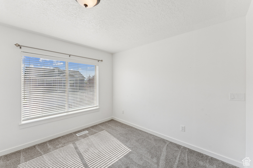 Empty room featuring carpet and a textured ceiling