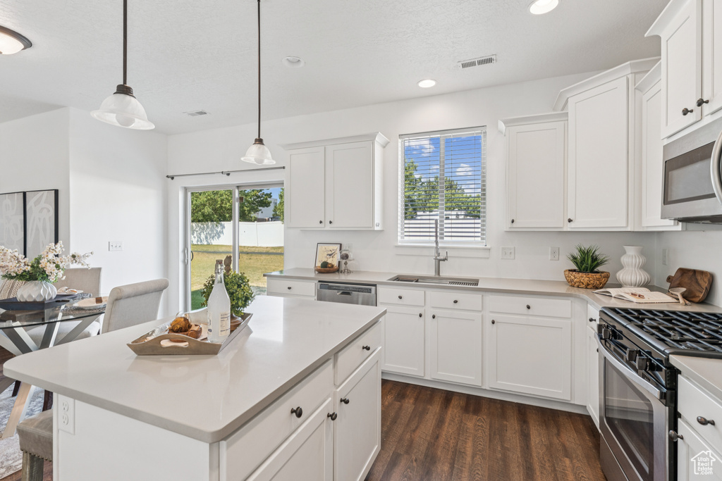 Kitchen with appliances with stainless steel finishes, dark wood finished floors, white cabinetry, and recessed lighting