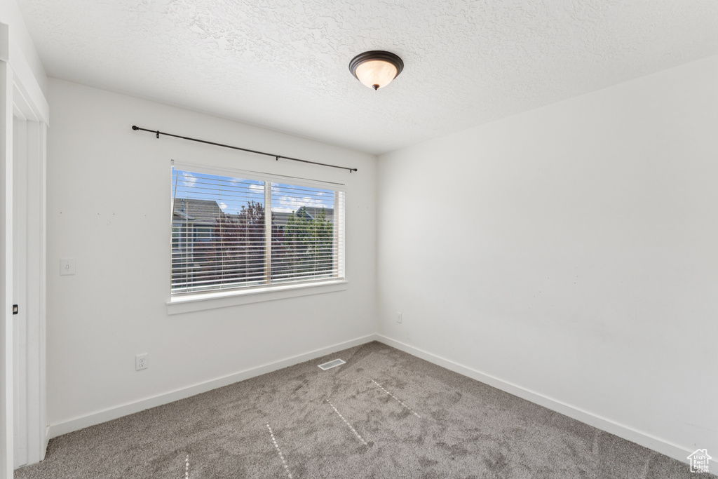 Carpeted empty room featuring baseboards and a textured ceiling