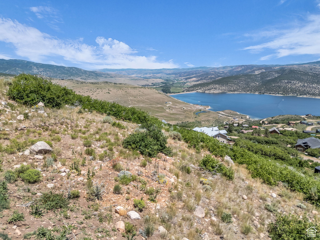 Bird\'s eye view of a water and mountain view