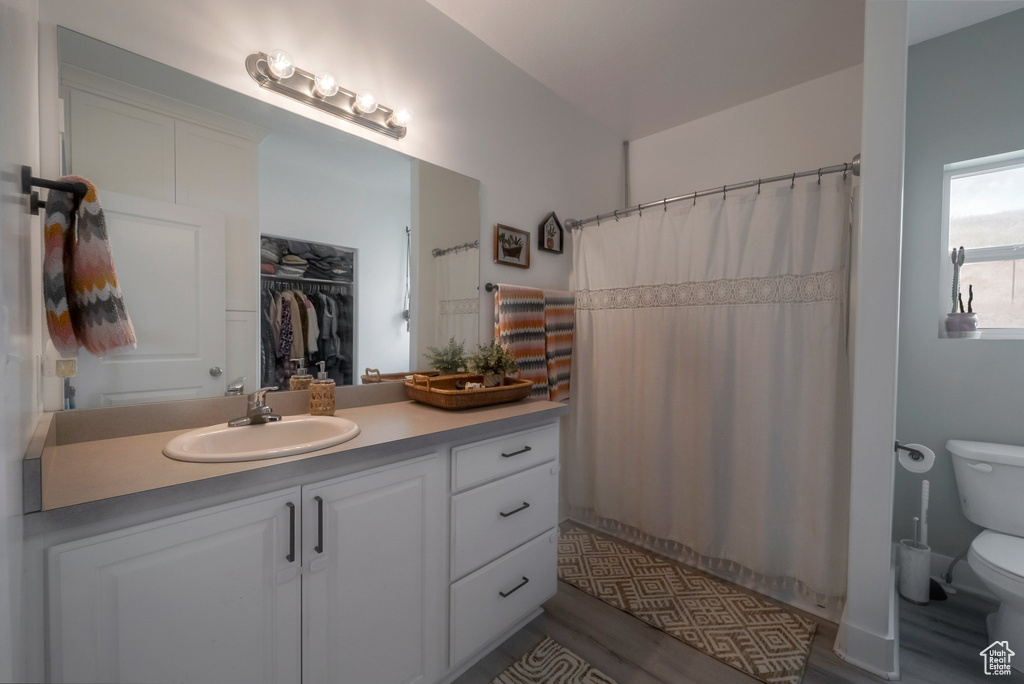 Bathroom featuring vanity, wood finished floors, a shower with curtain, and a spacious closet