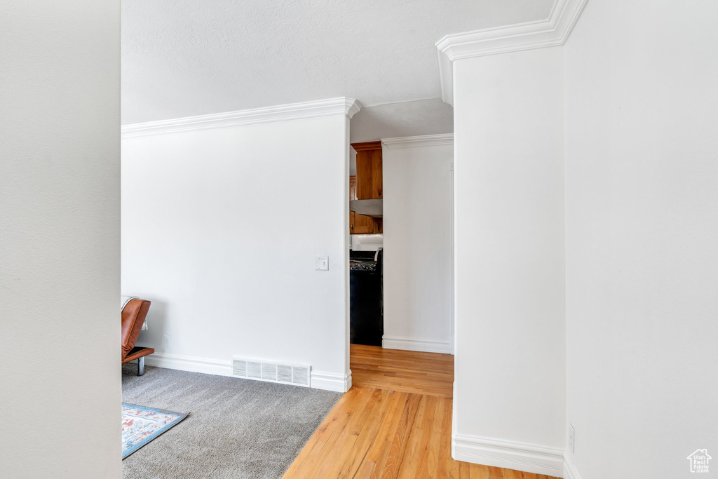 Hall with light wood-style floors and ornamental molding
