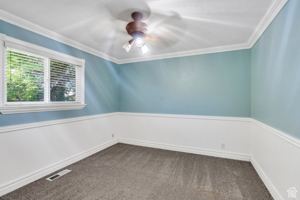 Spare room featuring dark colored carpet, ceiling fan, a wainscoted wall, and ornamental molding