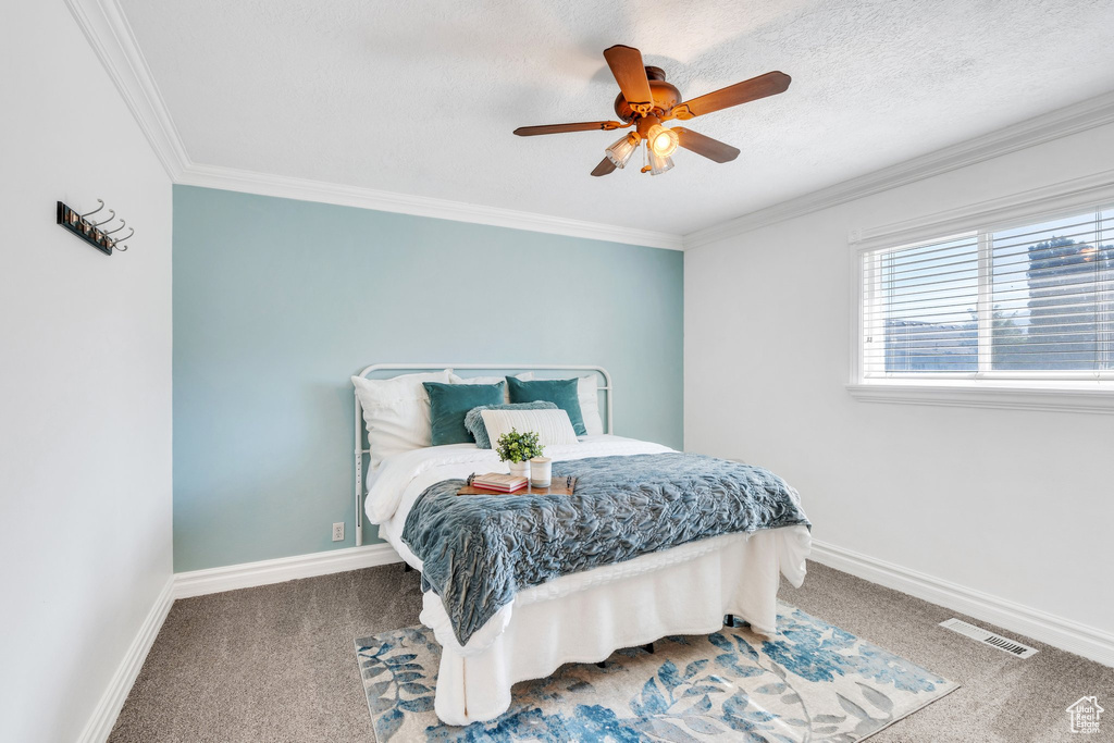 Carpeted bedroom with crown molding and a ceiling fan