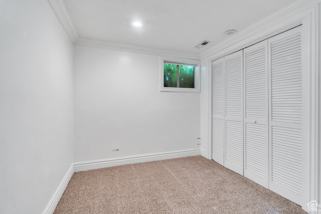 Unfurnished bedroom featuring carpet flooring, ornamental molding, and a closet