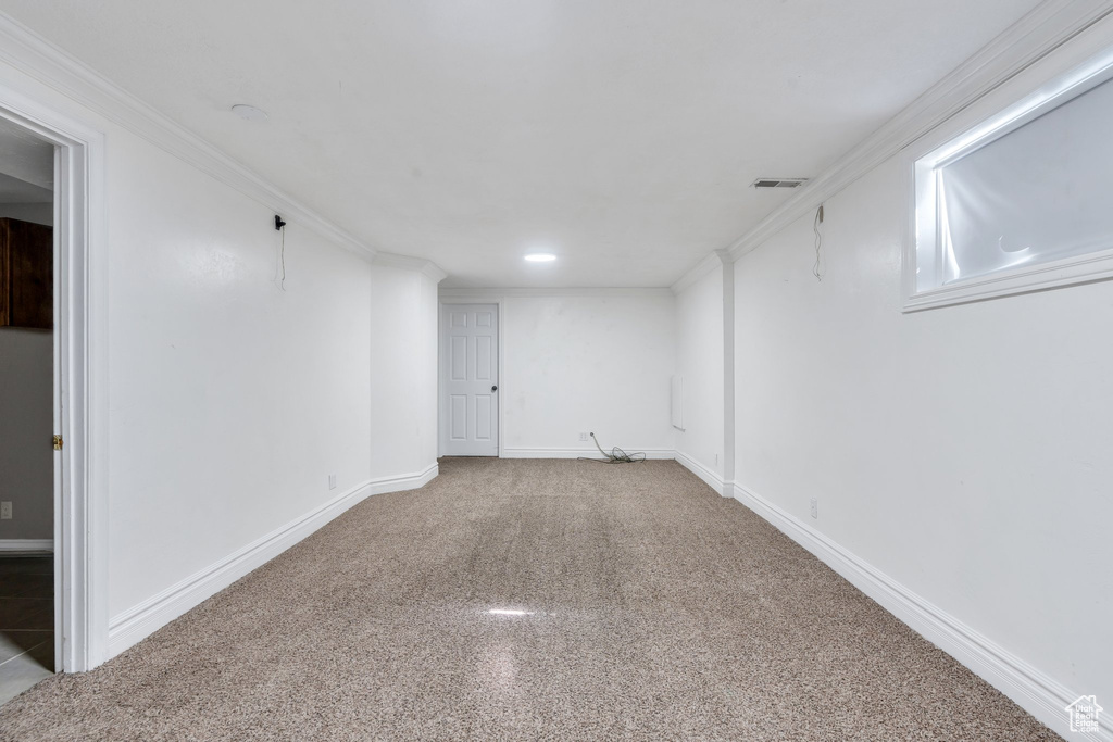 Finished below grade area with light colored carpet and crown molding