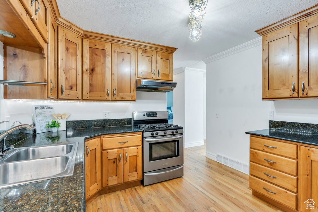 Kitchen featuring stainless steel range with gas cooktop, under cabinet range hood, crown molding, light wood finished floors, and brown cabinets