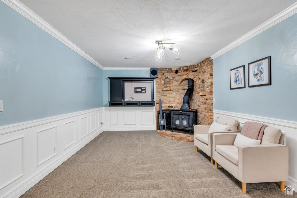 Living room featuring ornamental molding, a wood stove, wainscoting, light carpet, and a decorative wall