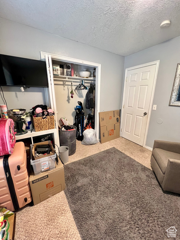 Bedroom with a textured ceiling, a closet, and carpet floors