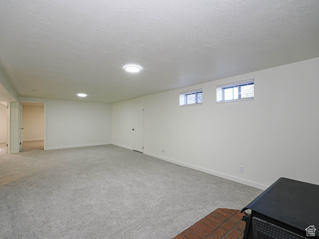 Below grade area with carpet flooring and a textured ceiling