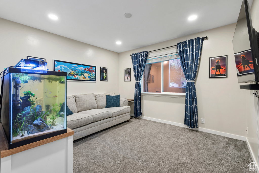 Living area with carpet floors and recessed lighting