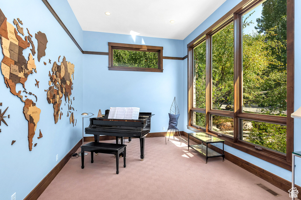 Living area featuring light carpet and plenty of natural light