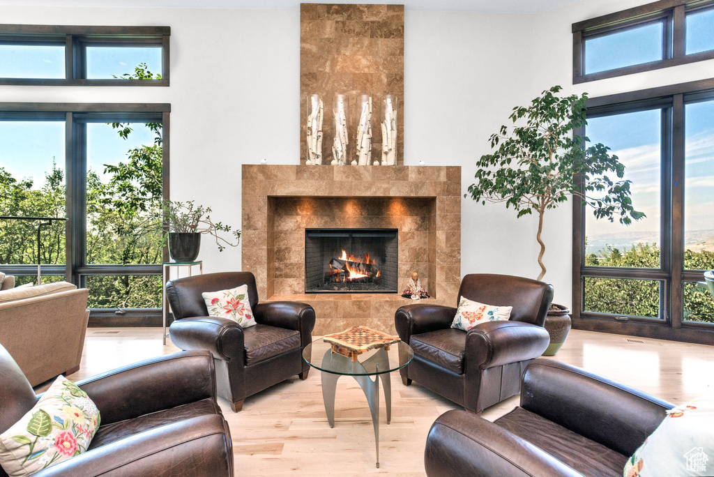 Living area featuring wood finished floors and a high end fireplace