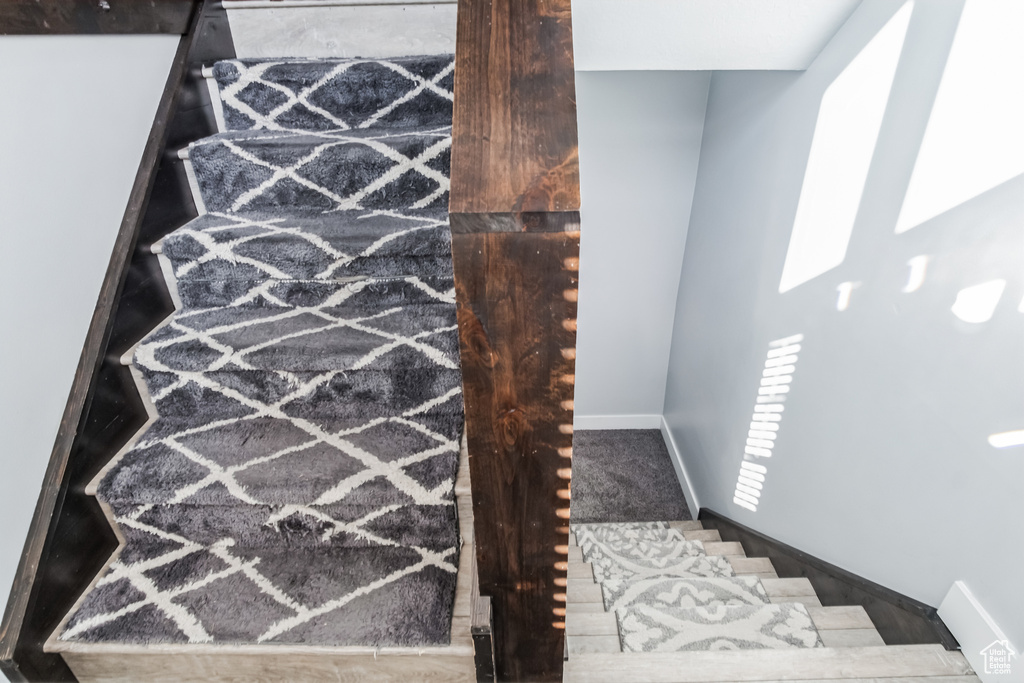 Staircase featuring baseboards and carpet floors