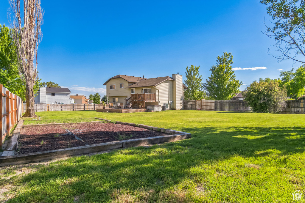 Fenced backyard with a deck