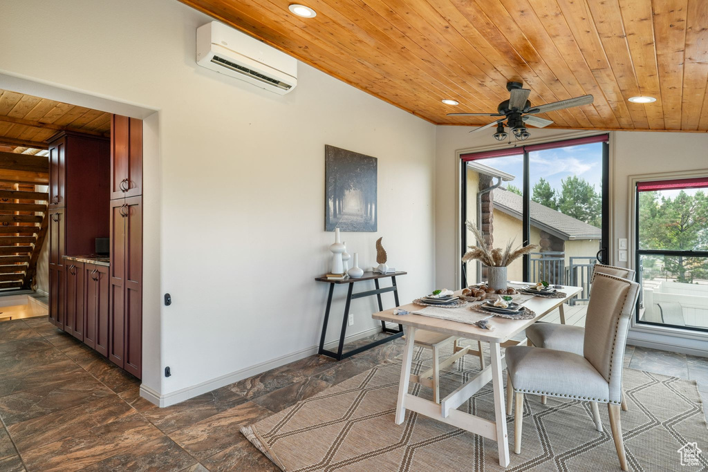 Dining area with a wall mounted air conditioner, wood ceiling, lofted ceiling, ceiling fan, and recessed lighting