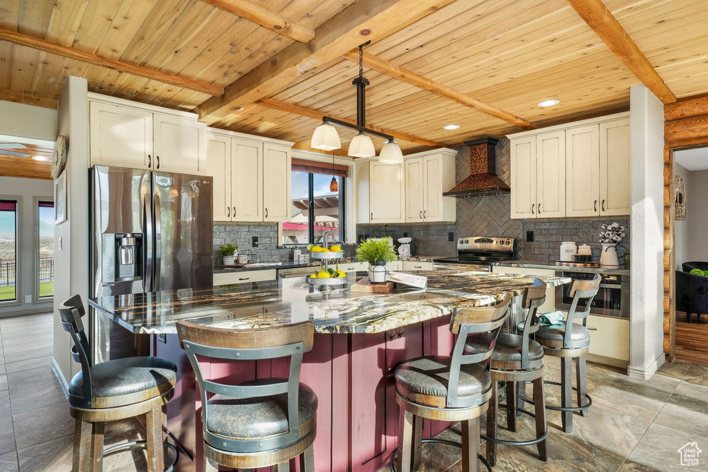 Kitchen featuring wall chimney range hood, appliances with stainless steel finishes, a wooden ceiling with exposed beams, healthy amount of natural light, and backsplash