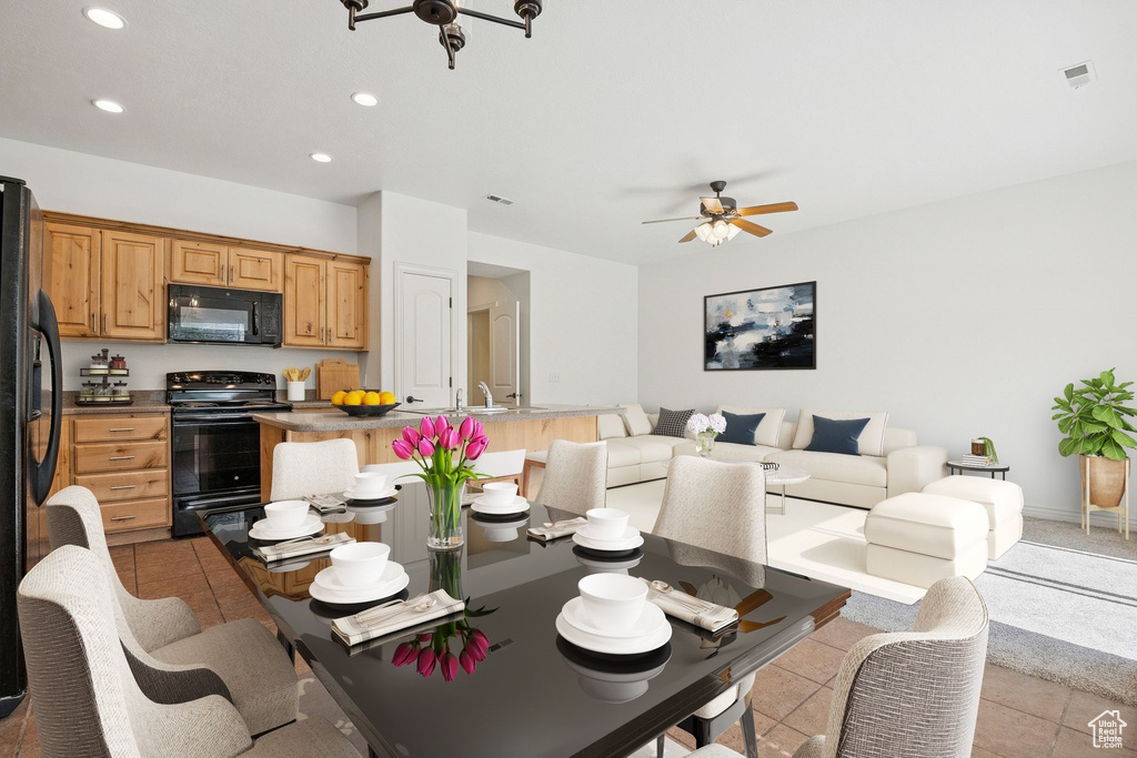 Dining room with recessed lighting, a ceiling fan, and light tile patterned floors