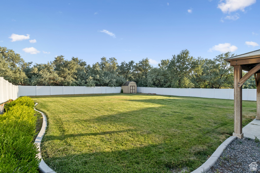 Fenced backyard with a shed