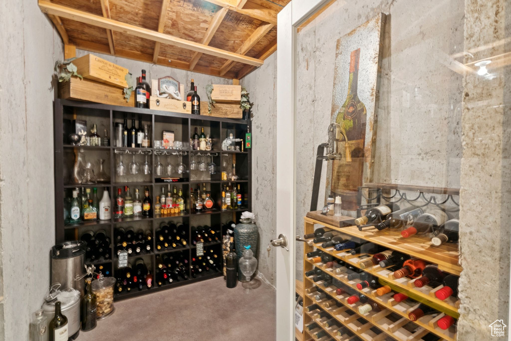 Wine cellar with finished concrete flooring