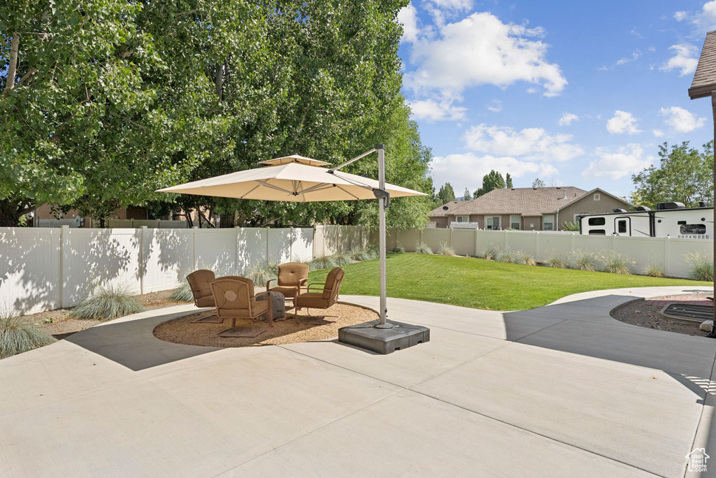 Fenced backyard featuring a patio area
