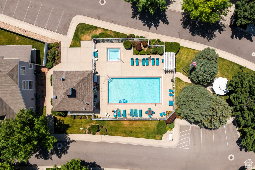 Drone / aerial view of a pool