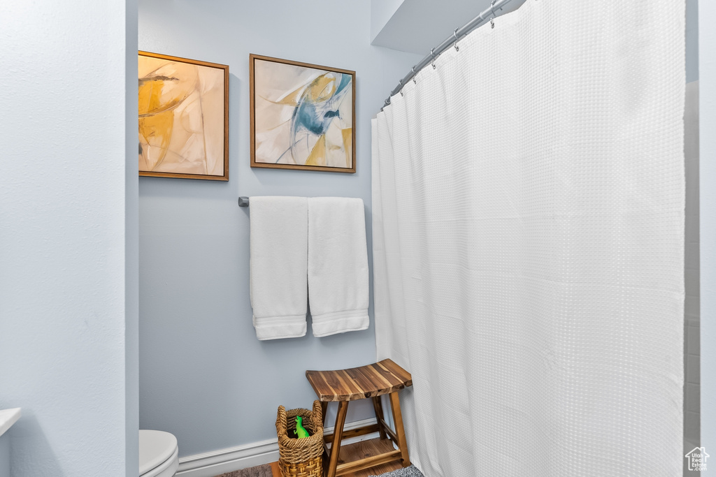 Full bathroom featuring wood finished floors and curtained shower