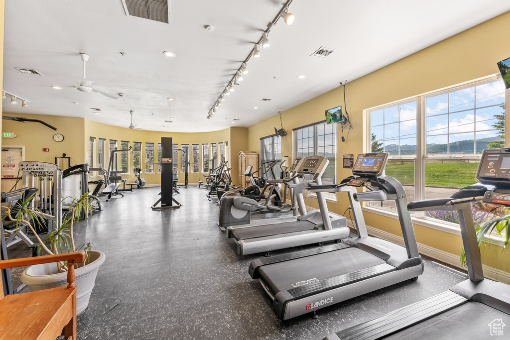Workout area with track lighting and ceiling fan