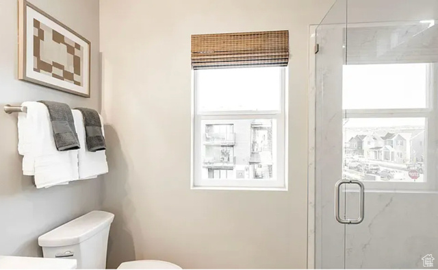 Full bathroom featuring toilet and a shower stall